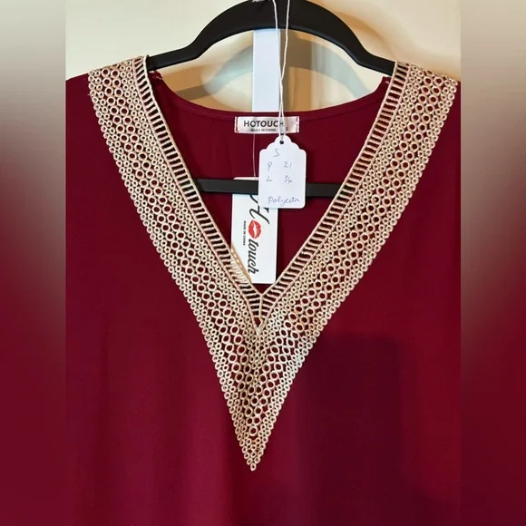 Small Wine colored Dress with Embroidered V-neck line - Picture 3 of 7